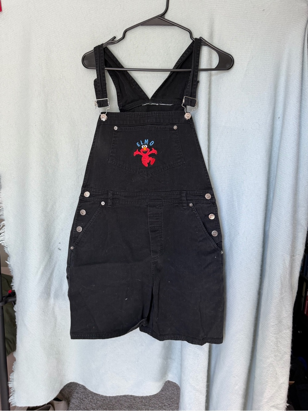 Black Short Denim Overalls with Elmo Embroidery